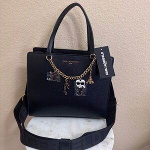 NWT KARL LAGERFELD black Maybelle crossbody top handle satchel Golden charms